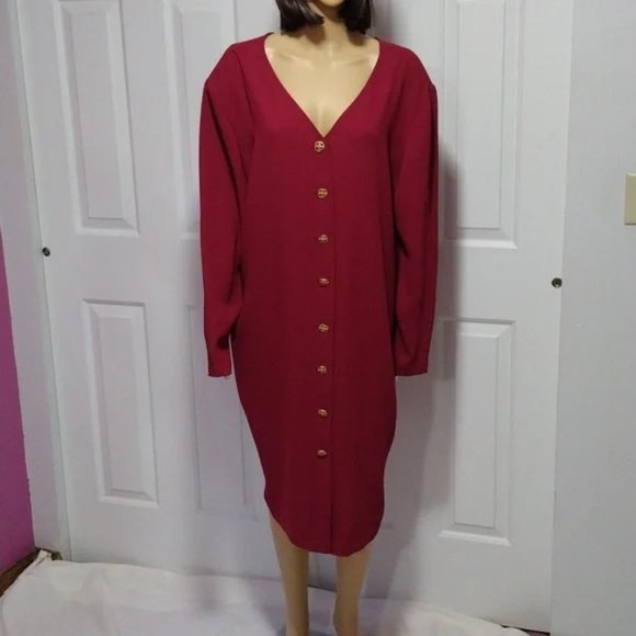Vintage 80s Chaus Red Long Sleeve Button Down Midi Dress Plus Size 16W Deadstock - Picture 8 of 8